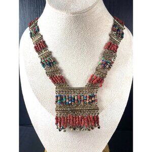 Vintage Ethnic Tribal Necklace With Multicolor Beads & Metal Links Orange Gold A